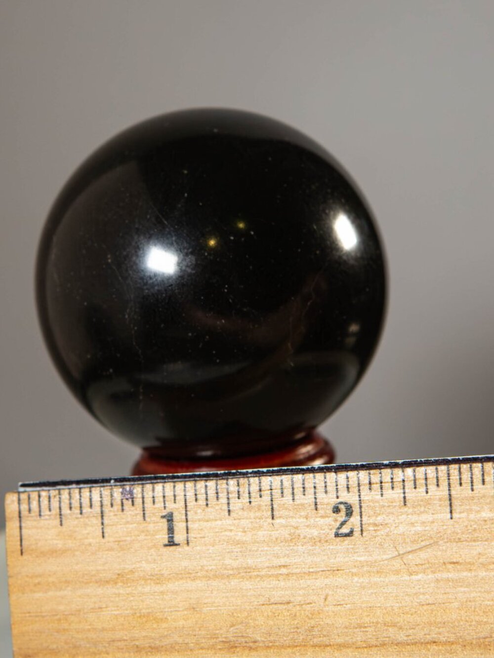 Natural Black Obsidian Crystal Sphere 2" w/ Wooden Stand - Picture 6 of 6
